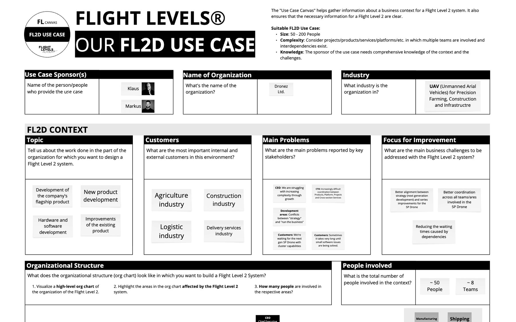 Schwarz-Weiß-Ansicht eines digitalen Flight-Level-2-Use-Case-Canvas mit Kontext, Problemen, Verbesserungsfokus und Organisationsstruktur.